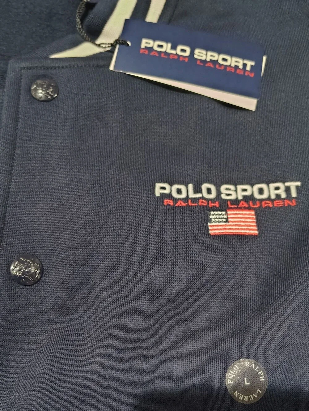 Polo Sport Ralph Lauren Varsity Snap Jacket Navy Large USA Flag Logo NWT
